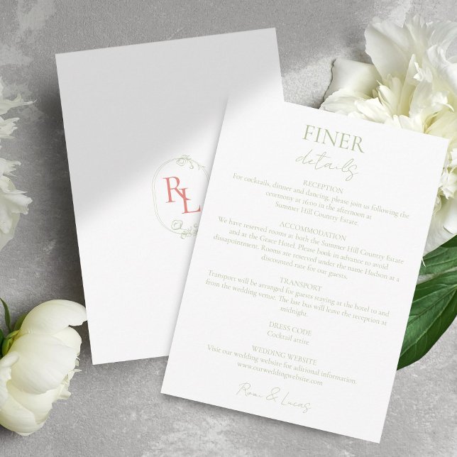 Minimal Wedding Details Coral Green Monogram  Enclosure Card (Creator Uploaded)