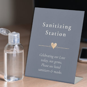 Minimal Wedding Heart Sanitizing Station Navy Blue Pedestal Sign