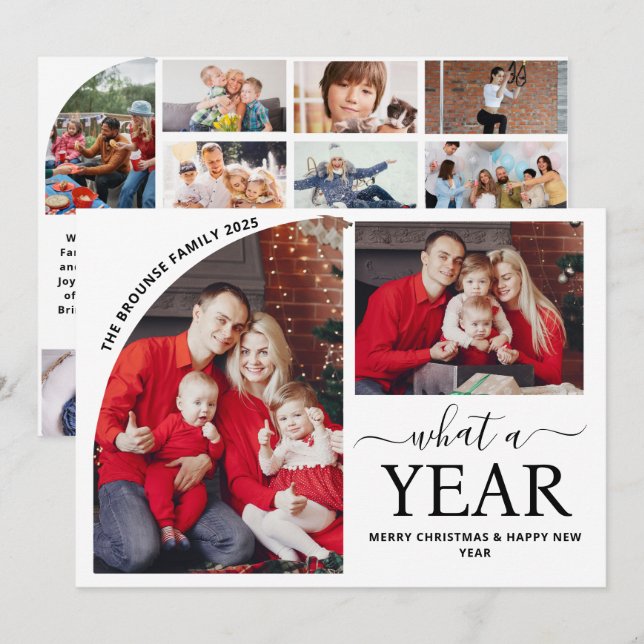 Minimal What a Year Multi Photo Collage Christmas Card (Front/Back)