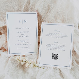 Minimal White and Dusty Blue All in One Wedding Invitation