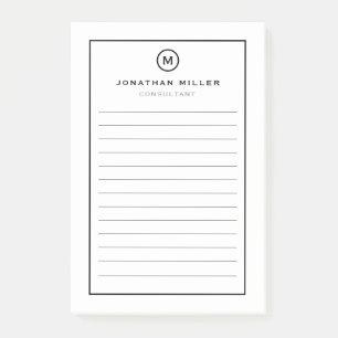 Minimal White Black Monogram Lined Post-it Notes