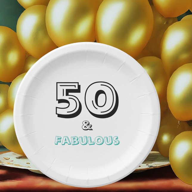 Minimal White Black Turquoise Fabulous 50th Party Paper Plate (Front with Background)
