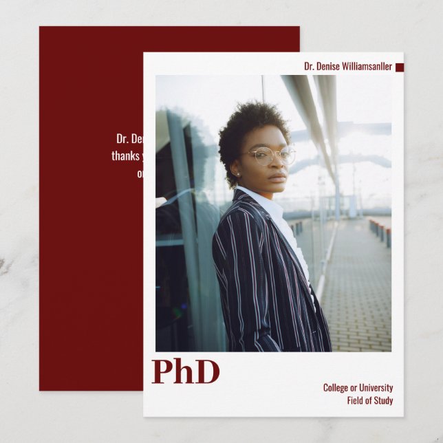 Minimal White Burgundy Photo PhD Graduation Announcement (Front/Back)