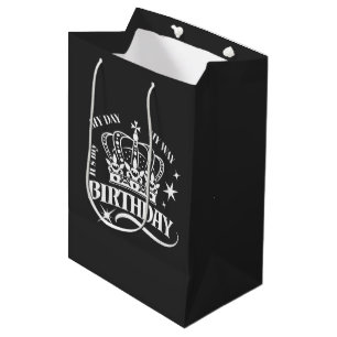 Minimal White Crown Birthday Typography Black Medium Gift Bag