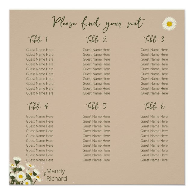 Minimal White Daisy Flowers Seating Chart (Front)