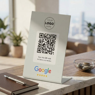 Minimal White Google Review QR Code Logo Pedestal Sign