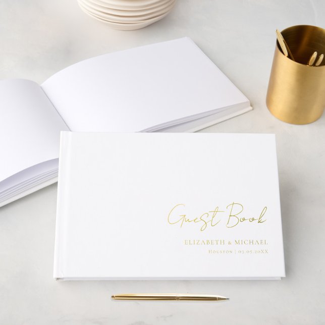Minimal, White, Handwriting Script, Foil, Wedding Guest Book (Creator Uploaded)