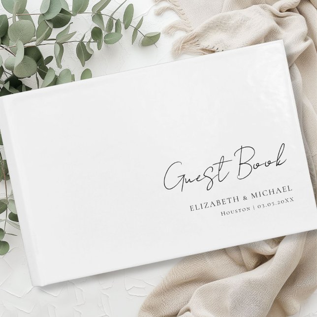 Minimal, White Handwriting Script Wedding  Guest Book (Minimal, White-Black Handwriting Script Wedding Guest Book with your name and date.)