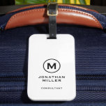Minimal White Modern Typographic Monogram Luggage Tag<br><div class="desc">A minimalist vertical design in modern style with a black and white monogram emblem with large typographic initial monogram on a plain simple white background. The text can easily be customized using the fields provided.</div>