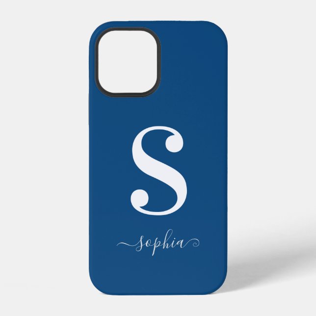 Minimal White Monogram Grey Script Name on Blue iPhone Case (Back)