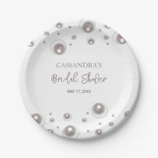 Minimal White Pearl Bridal Shower Paper Plate