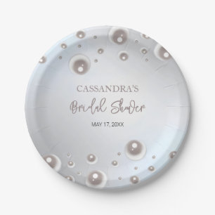 Minimal White Pearl Silver Bridal Shower  Paper Plate