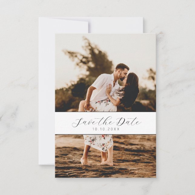 Minimal White Photo Script QR code Save the Date (Front)