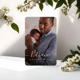 Minimal White Script Baby Name Overlay Baby Photo Magnet