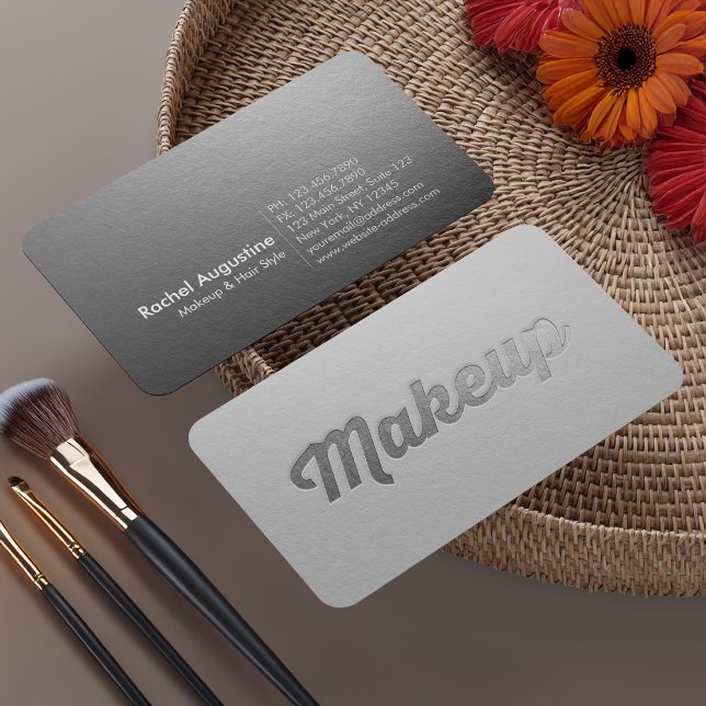 Minimal White & Silver Embossed Text Makeup Artist Business Card (Creator Uploaded)