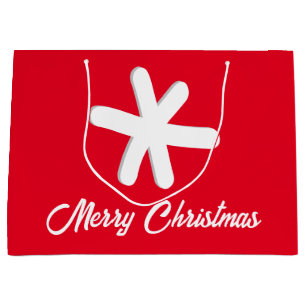 Minimal White Snowflake Merry Christmas Red Large Gift Bag