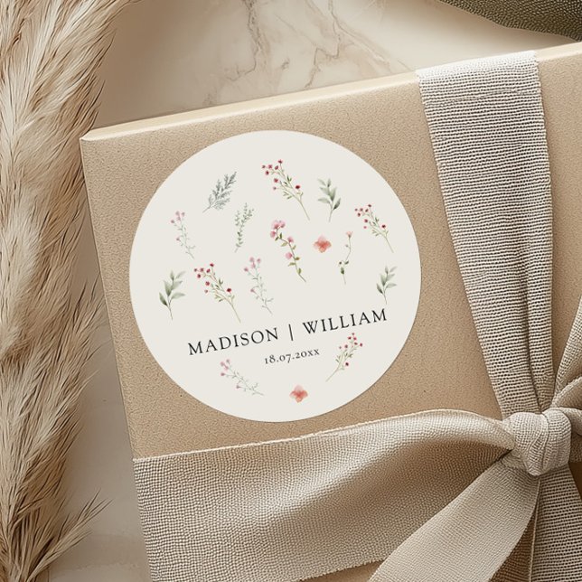 Minimal Wildflower Boho Beige Floral Wedding Classic Round Sticker (Creator Uploaded)