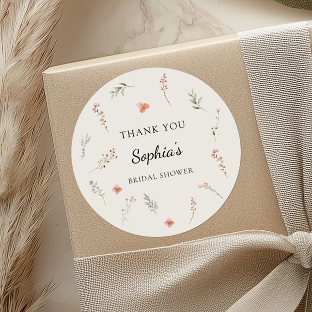 Minimal Wildflower Budget Bridal Shower Thanks Classic Round Sticker (Creator Uploaded)