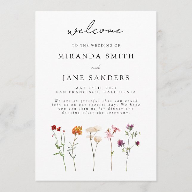 Minimal Wildflower Lesbian Pride Floral Wedding Program (Front)
