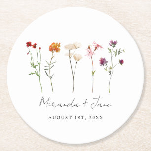 Minimal Wildflower Lesbian Pride Floral Wedding Round Paper Coaster