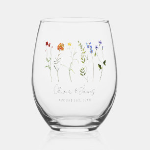 Minimal Wildflower LGBTQ Gay Pride Floral Wedding Stemless Wine Glass