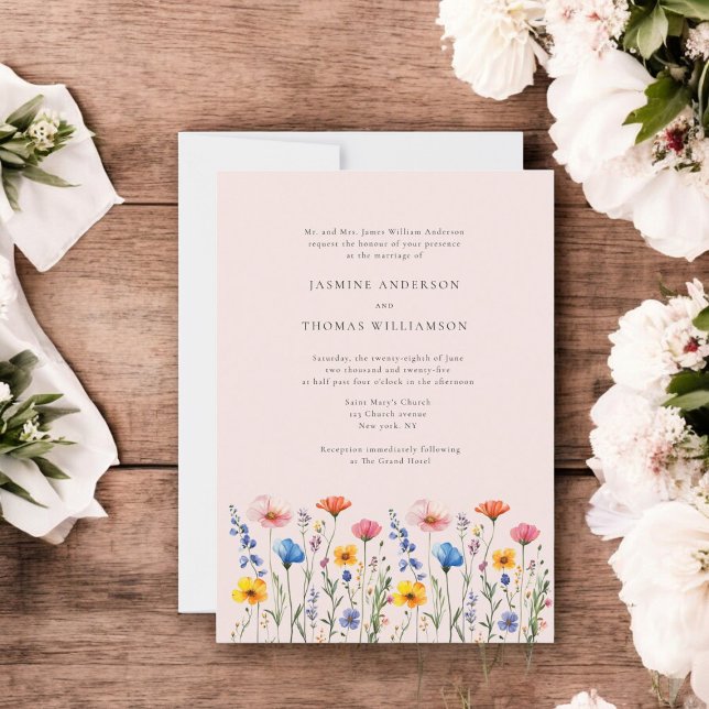 minimal wildflower modern elegance wedding invitation (wildflower pastel pink wedding invitation )