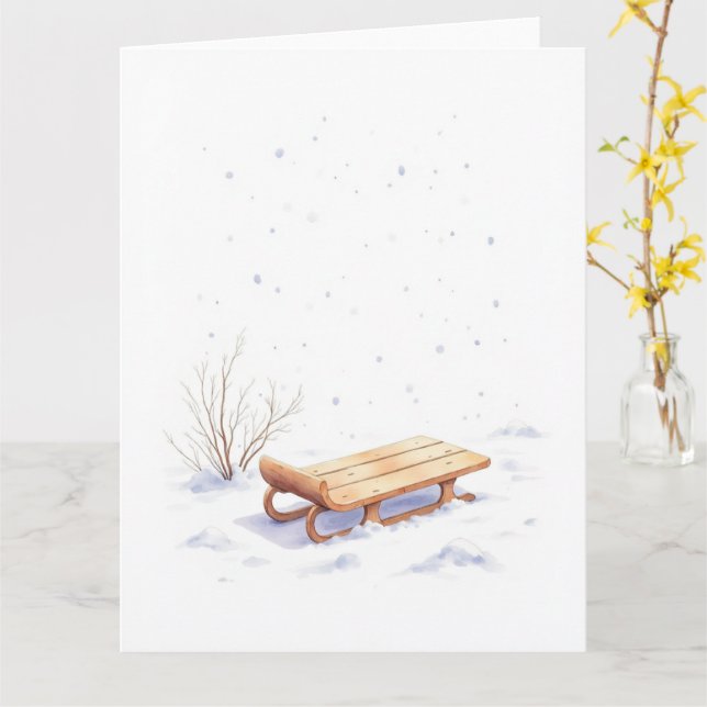 Minimal Winter Sled Watercolor Christmas Art Card (Yellow Flower)