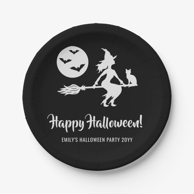 Minimal Witch Girl Black And White Halloween Party Paper Plate (Front)