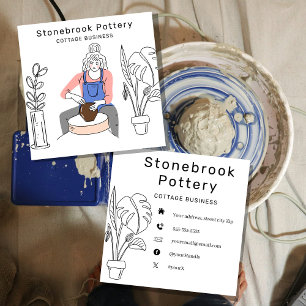 Minimal Woman Illustration Pottery Wheel Square Business Card