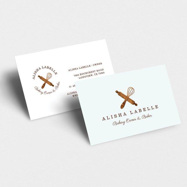 Minimal Wooden Rolling Pin & Whisk Bakery Logo Business Card (Creator Uploaded)
