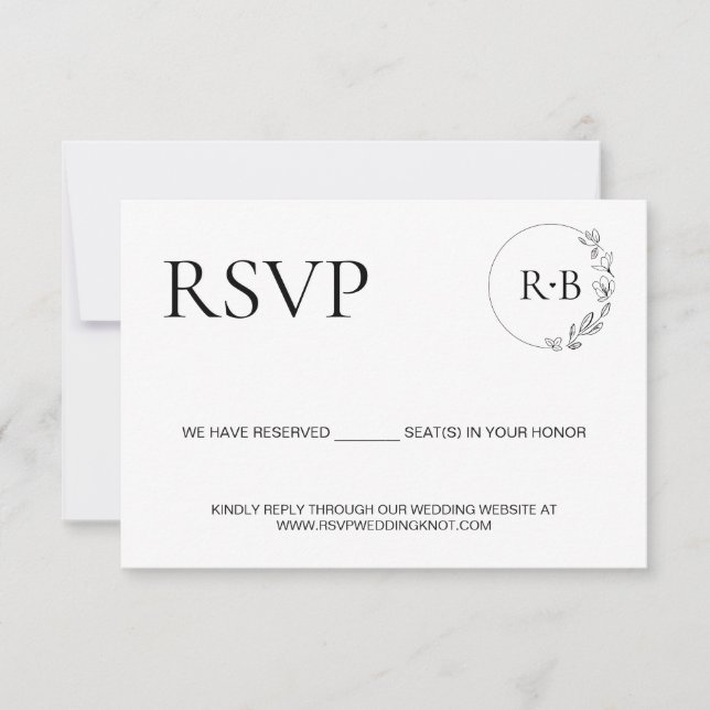 Minimal wreath Monogram Black and white wedding RSVP Card (Front)