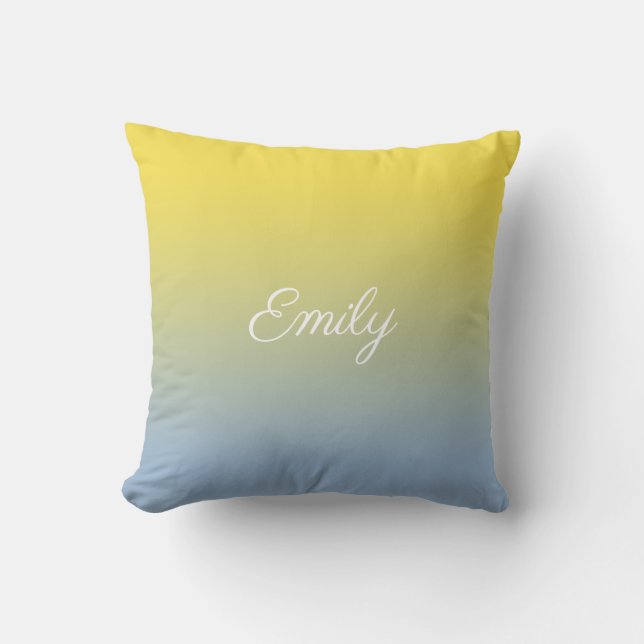 Minimal Yellow to Light Blue Gradient Script Name Throw Pillow (Front)