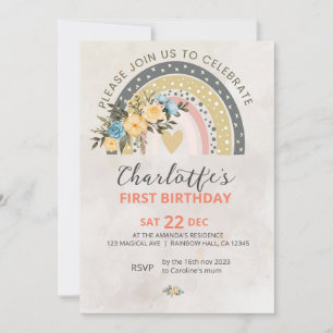 Minimali Pompas Grass Retro Rainbow Boho Birthday  Invitation