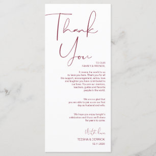 Minimalism Burgundy Script Place Setting Thank You Program