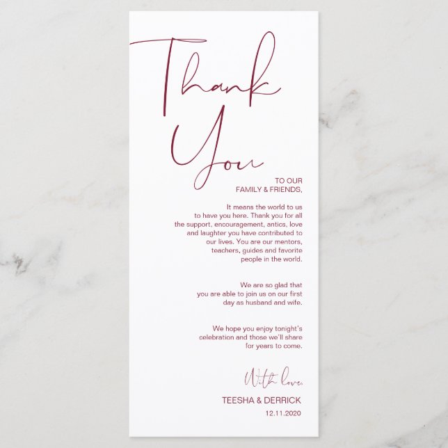 Minimalism Burgundy Script Place Setting Thank You Program (Front)