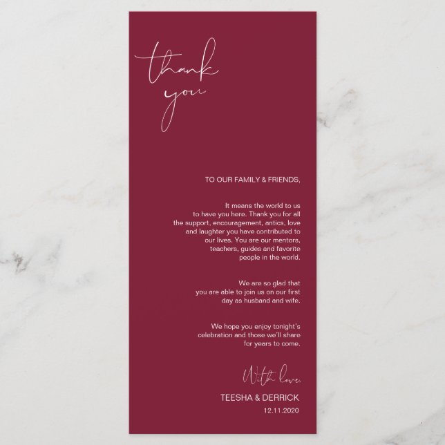 Minimalism Burgundy Script Place Setting Thank You Program (Front)