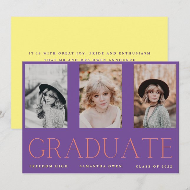 Minimalism Custom Three Photo High School Graduate Announcement (Front/Back)