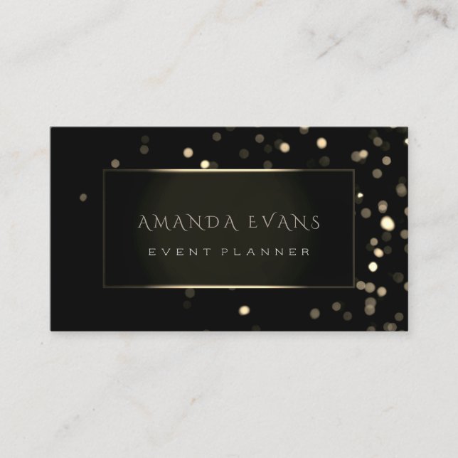 Minimalism Event Planner Black Framed Gold Sparkly Business Card (Front)