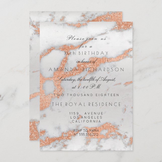Minimalism Grey Marble Rose Gold Copper Birthday Invitation (Front/Back)