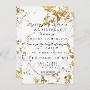 Minimalism Grey White Marble Gold Birthday Invitation
