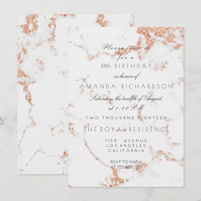 Minimalism Grey White Marble Rose Copper Birthday Invitation (Front/Back)