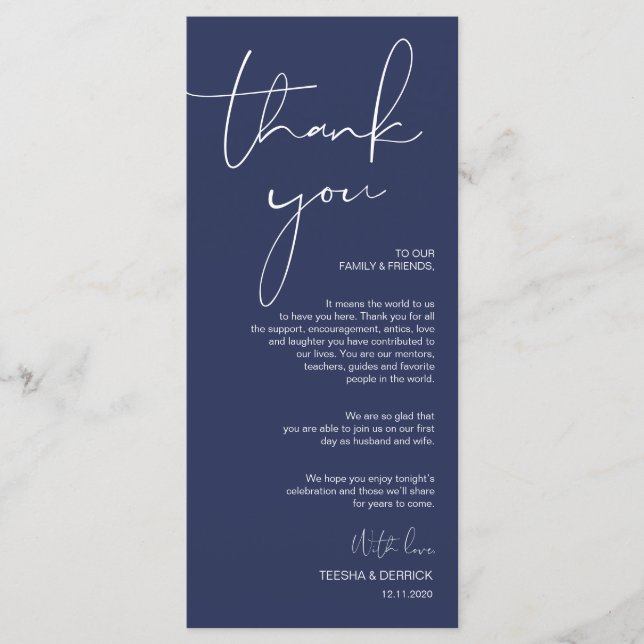 Minimalism Navy Script Place Setting Thank You Program (Front)
