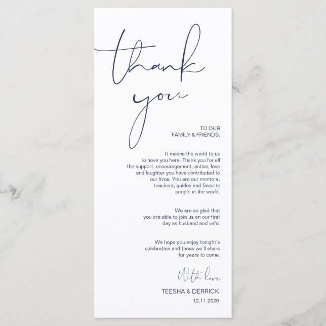 Minimalism Navy Script Place Setting Thank You Program (Front)