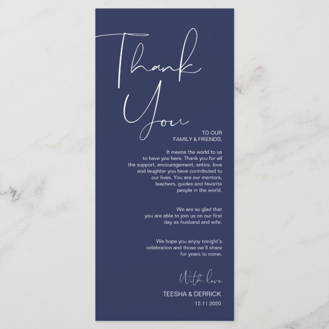Minimalism Navy Script Place Setting Thank You Program (Front)