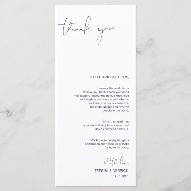 Minimalism Navy Script Place Setting Thank You Program (Front)