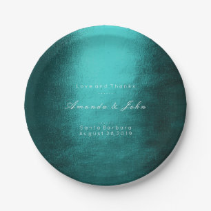 Minimalism Personalized Teal Tropic White Wedding Paper Plate