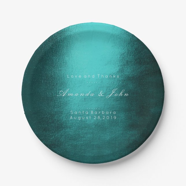 Minimalism Personalized Teal Tropic White Wedding Paper Plate (Front)