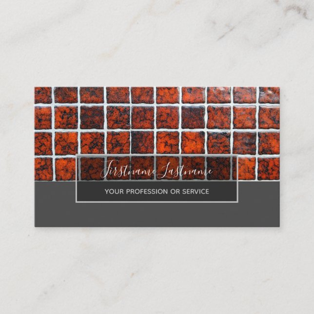 Minimalism red mosaic tiles grey rectangle business card (Front)