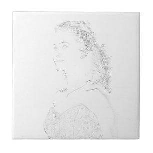 Minimalism Sketch Drawing Young Lady Face Head Tile