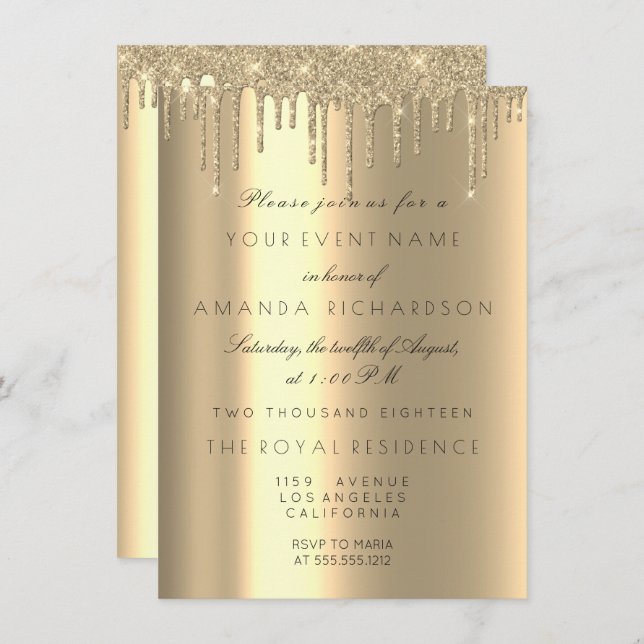 Minimalism Sparkly Drips Gold Birthday Champaigne Invitation (Front/Back)